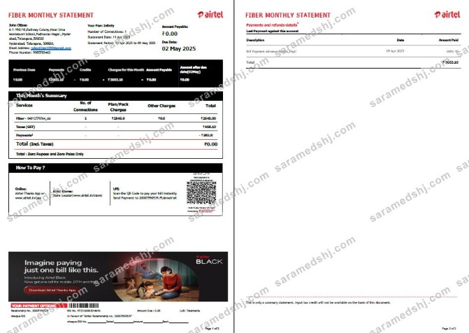 India Airtel utility bill template in Word and PDF formats, 2 pages, version 4